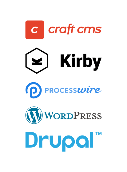 Logos der CMS Craft, ProcessWire, WordPress und Drupal