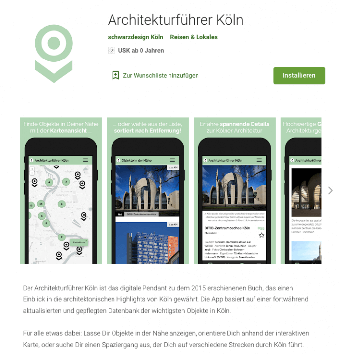 Bildschirmfoto der Play Store Seite zum Architekturführer Köln