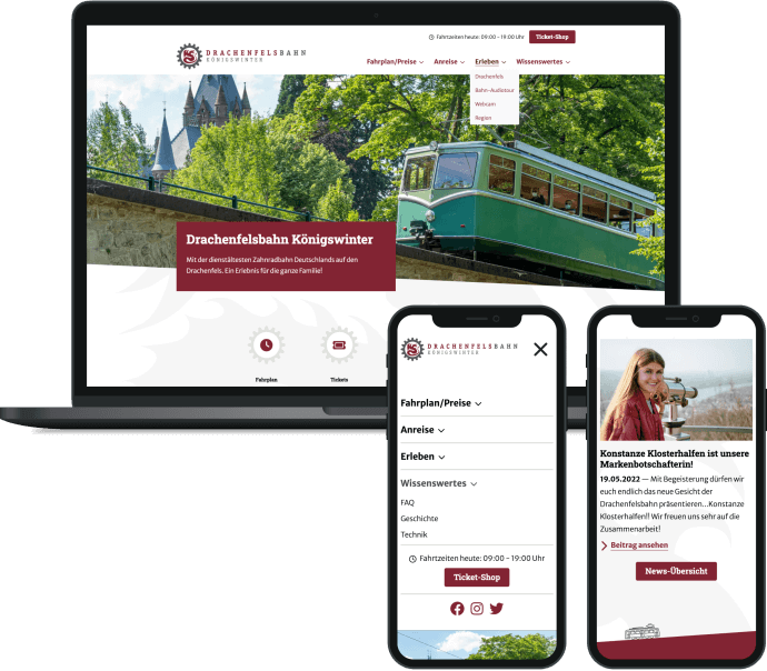 Ansicht der neuen Drachenfelsbahn-Website auf Desktop- und Mobile-Browser